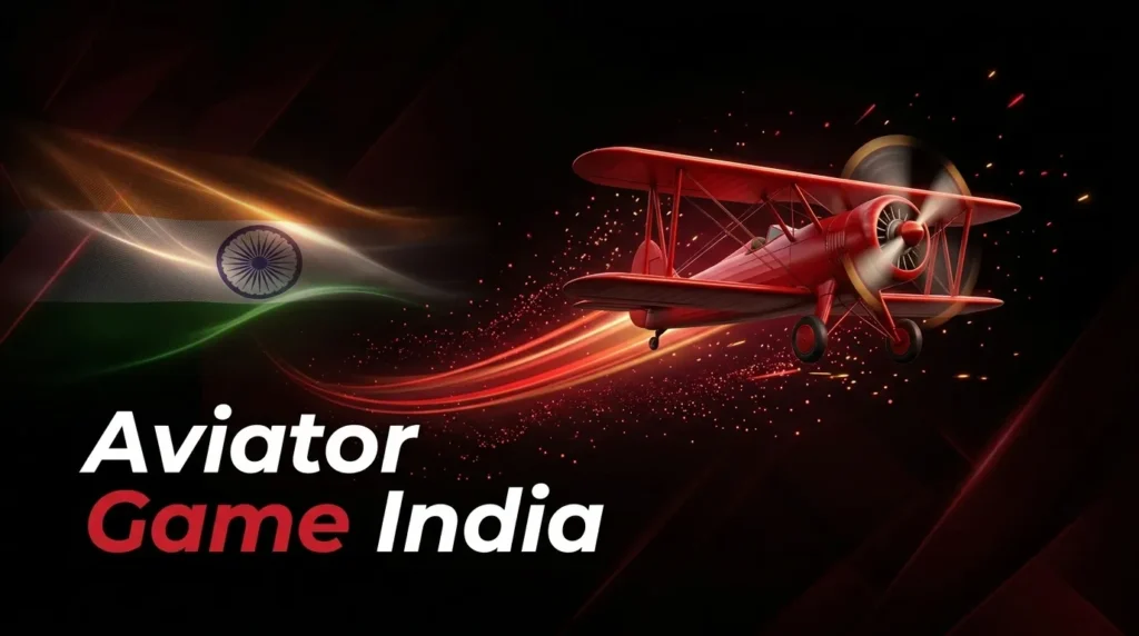 Red biplane flying with glowing light trails and sparks next to the Indian flag, text 'Aviator Game India