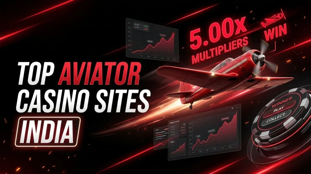 Red airplane with glowing multipliers and data charts, large text 'TOP AVIATOR CASINO SITES INDIA'